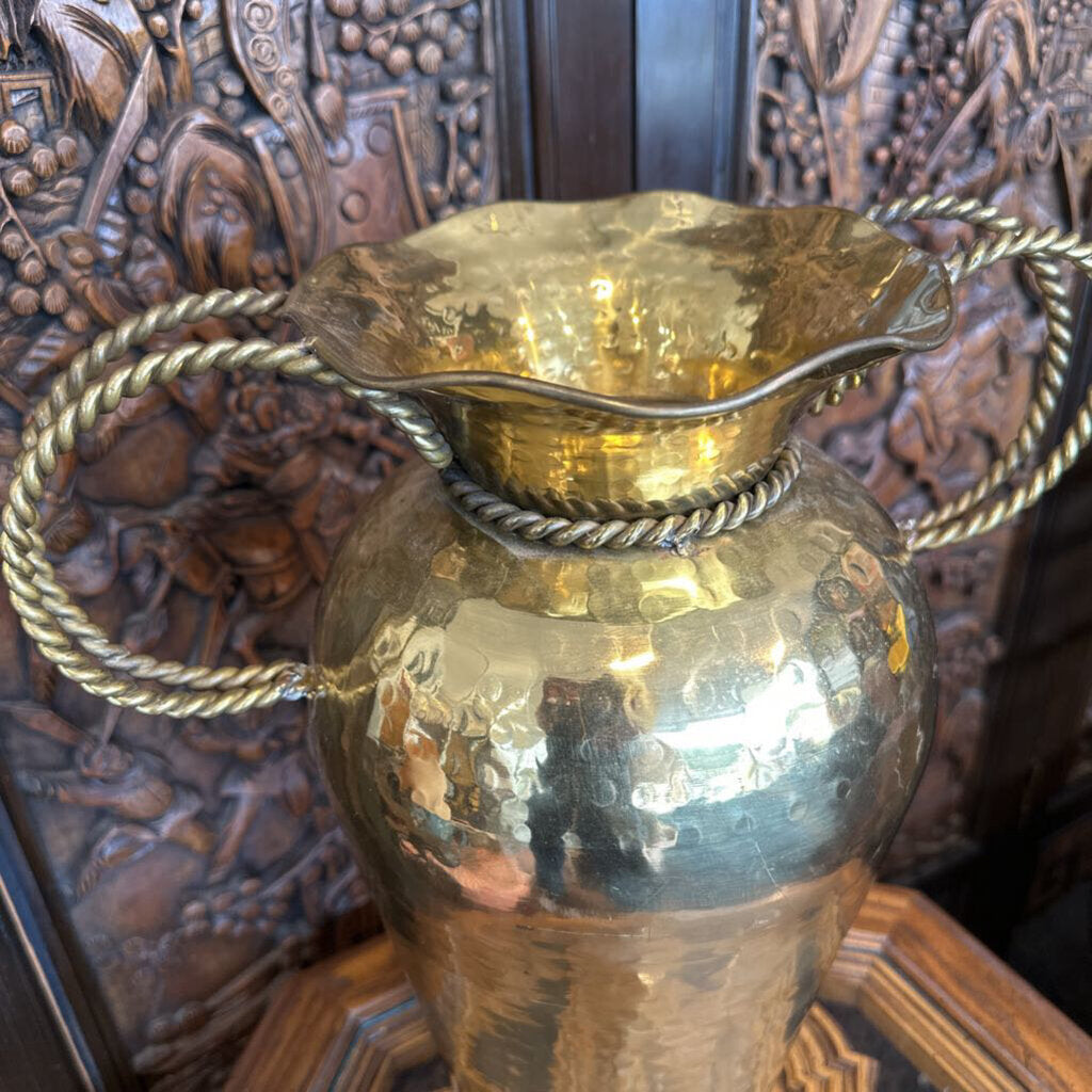 Vintage Tall Hammered Brass Vase w/ Braided Handles