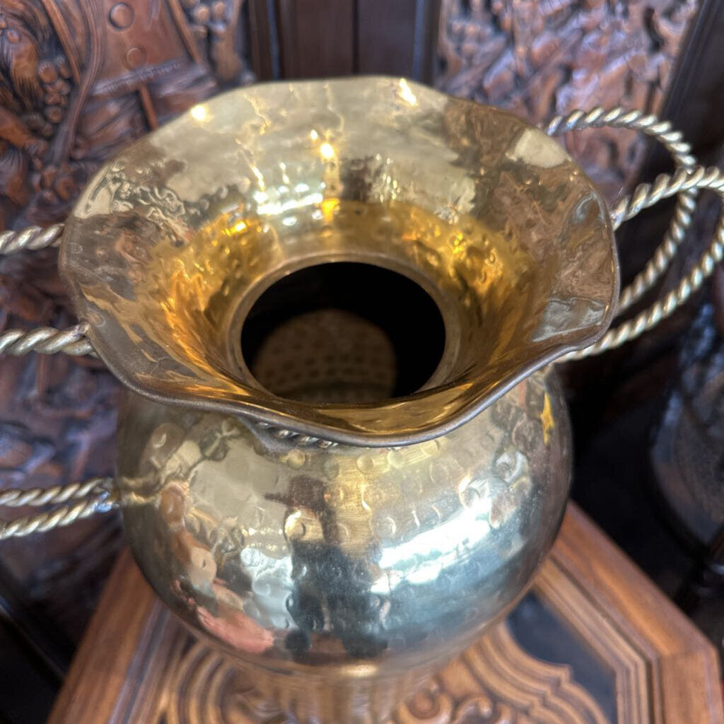 Vintage Tall Hammered Brass Vase w/ Braided Handles