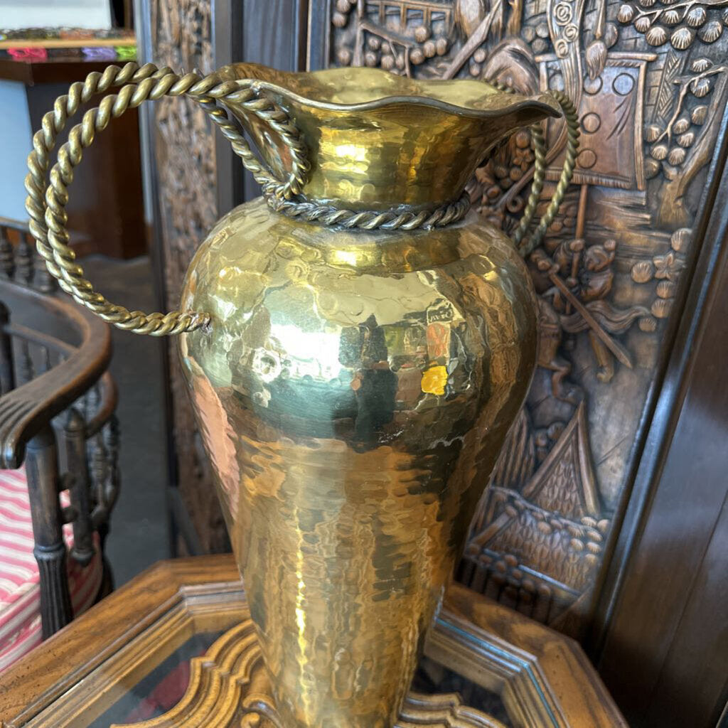 Vintage Tall Hammered Brass Vase w/ Braided Handles