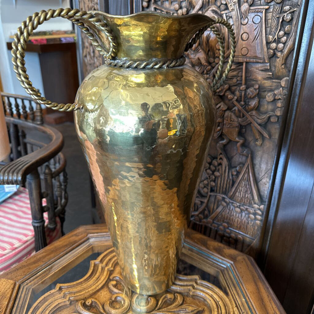 Vintage Tall Hammered Brass Vase w/ Braided Handles