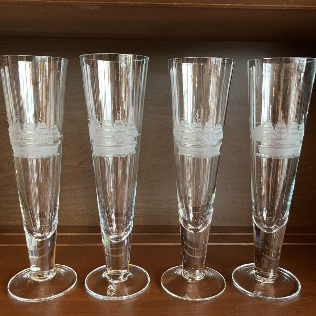 Vintage Etched Clipper Ship Crystal Pilsner Glass Hand Cut Nautical Toscany Coastal Glass Set