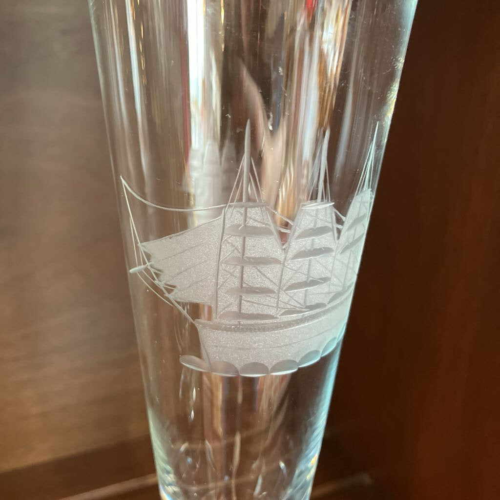 Vintage Etched Clipper Ship Crystal Pilsner Glass Hand Cut Nautical Toscany Coastal Glass Set