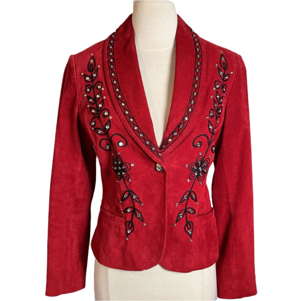 1990s Embroidered Red Leather Jacket