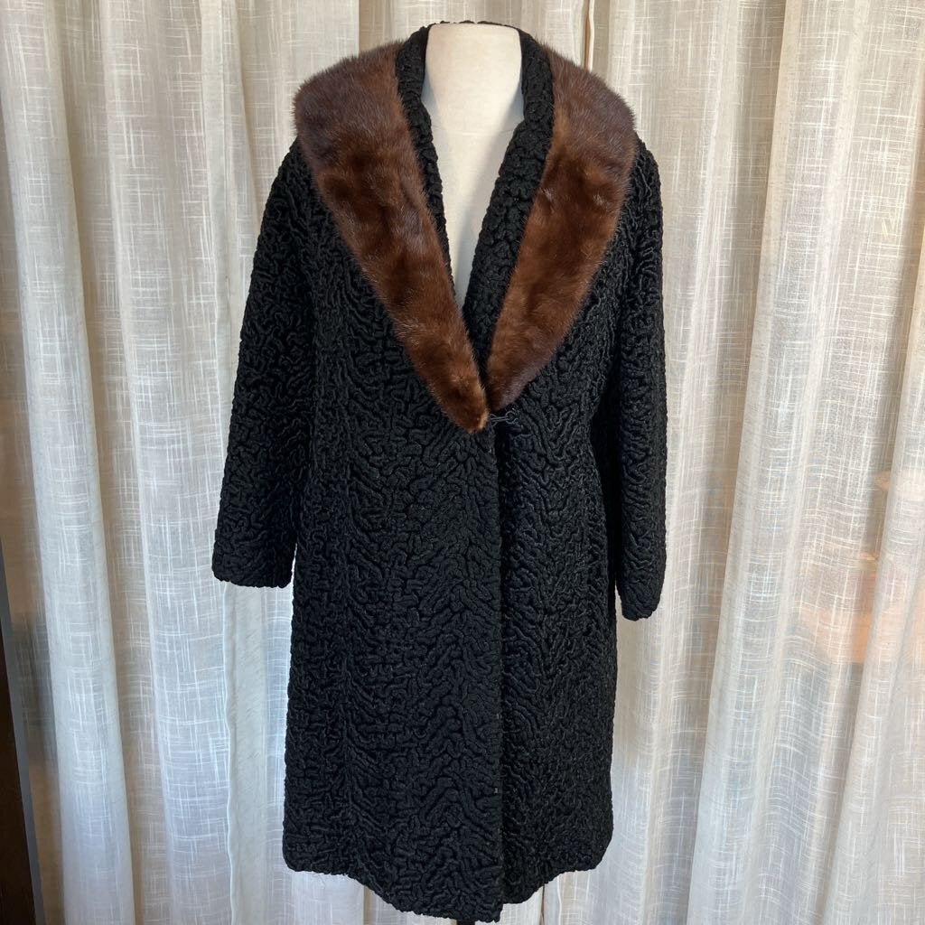 1960s Black Curly Lambswool Coat with Mink Collar