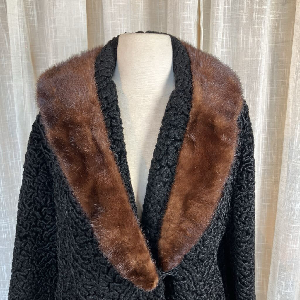 1960s Black Curly Lambswool Coat with Mink Collar