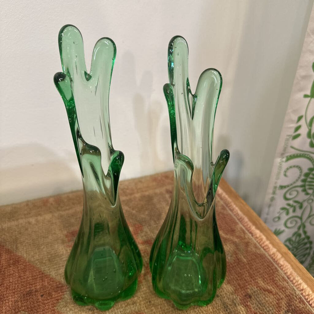 Mid Century Pair of Green 10" Swag Vase