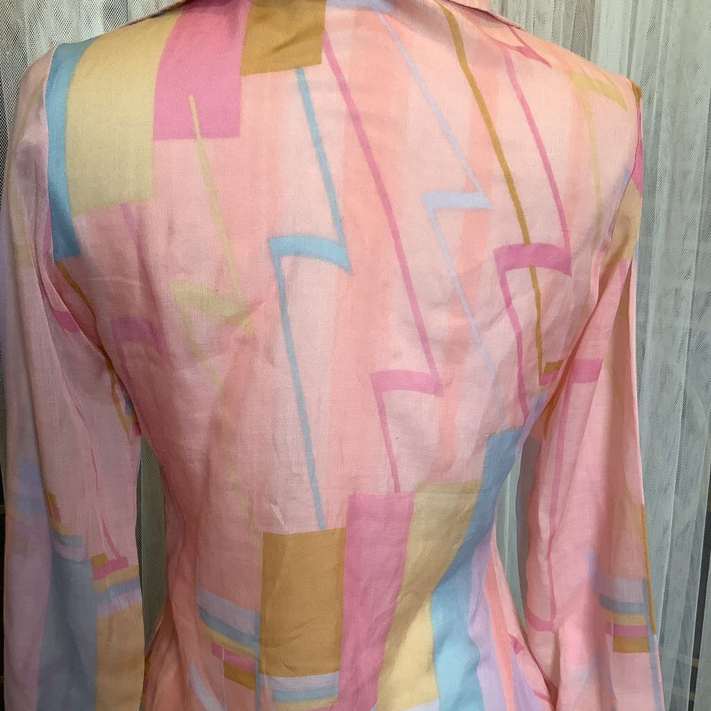 1970s Exaggerated Collar Art Deco Print Button Up