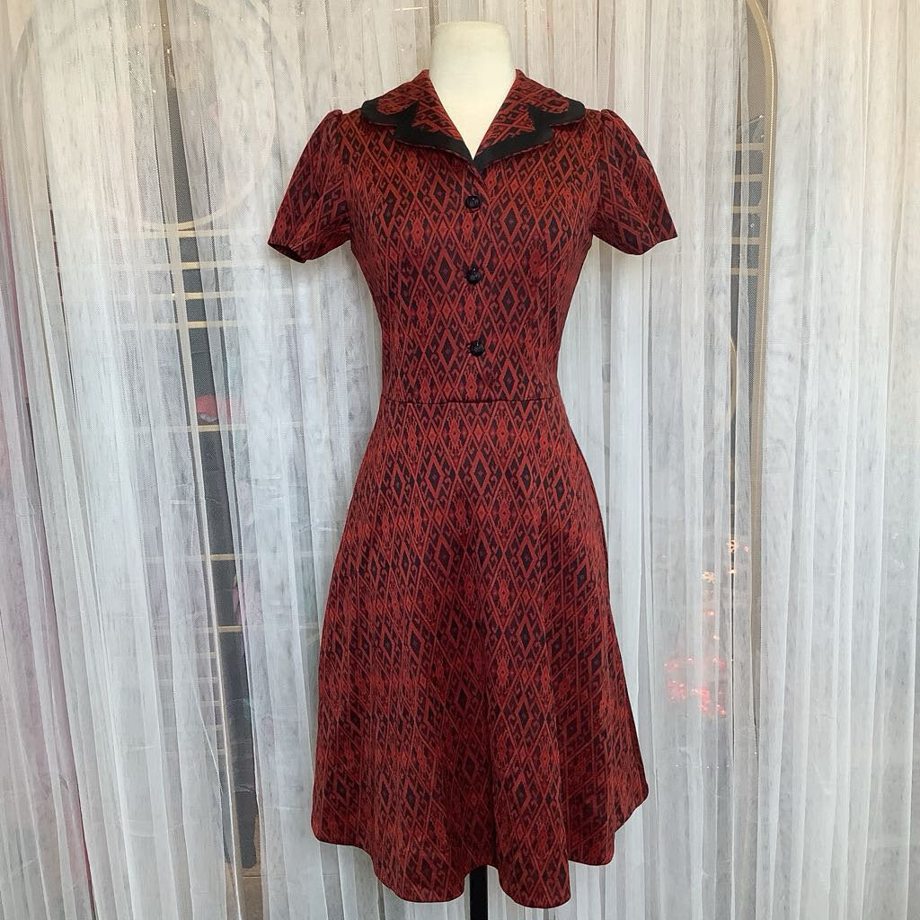 1960s Red and Black Diamond Print Dress