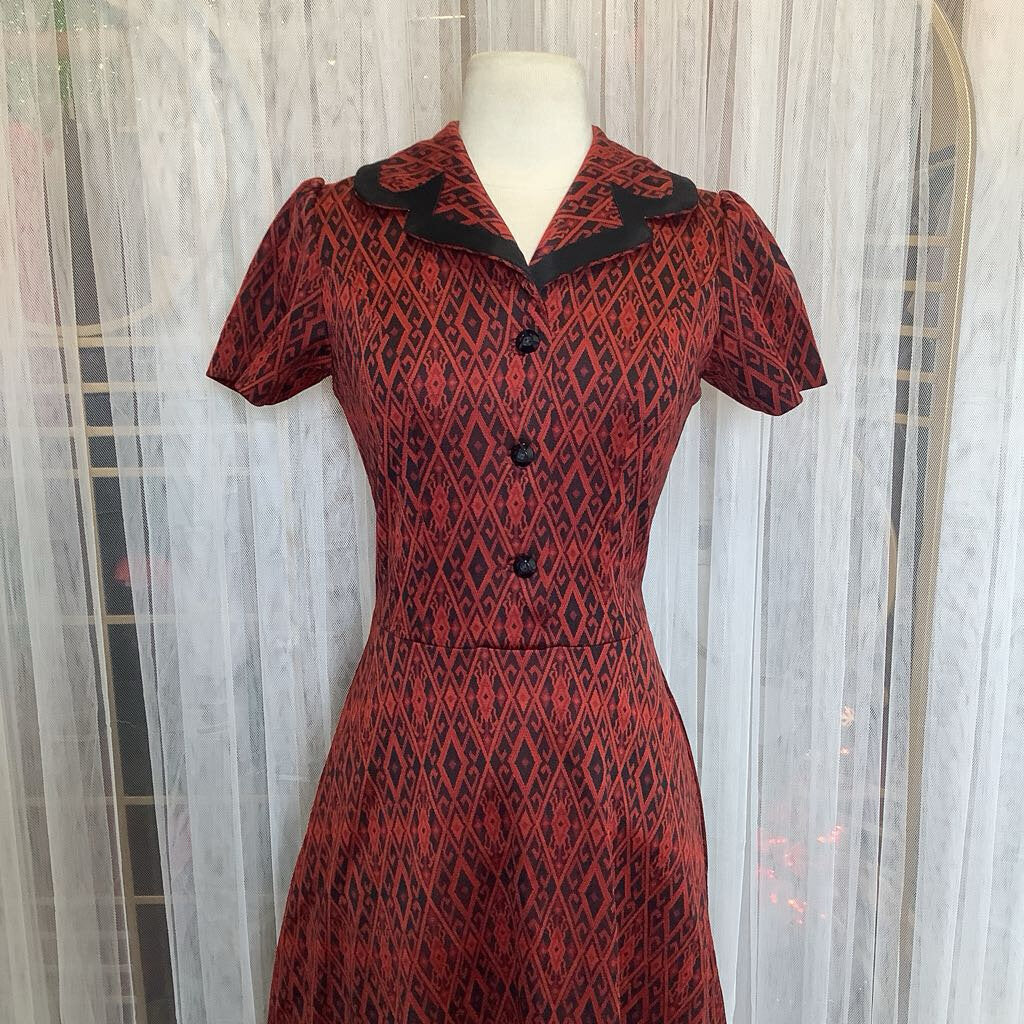 1960s Red and Black Diamond Print Dress