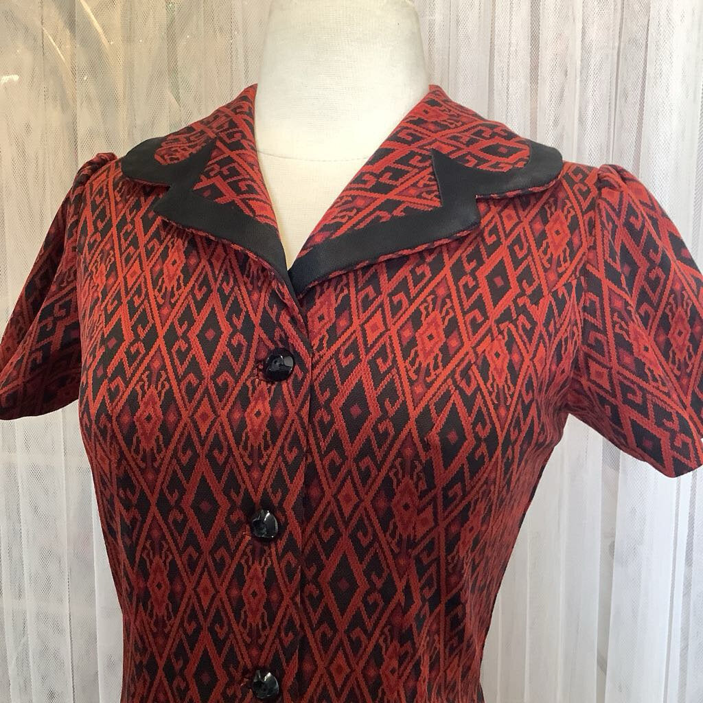 1960s Red and Black Diamond Print Dress