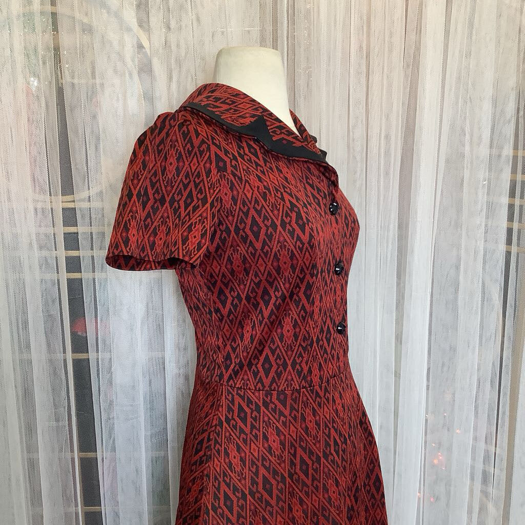 1960s Red and Black Diamond Print Dress