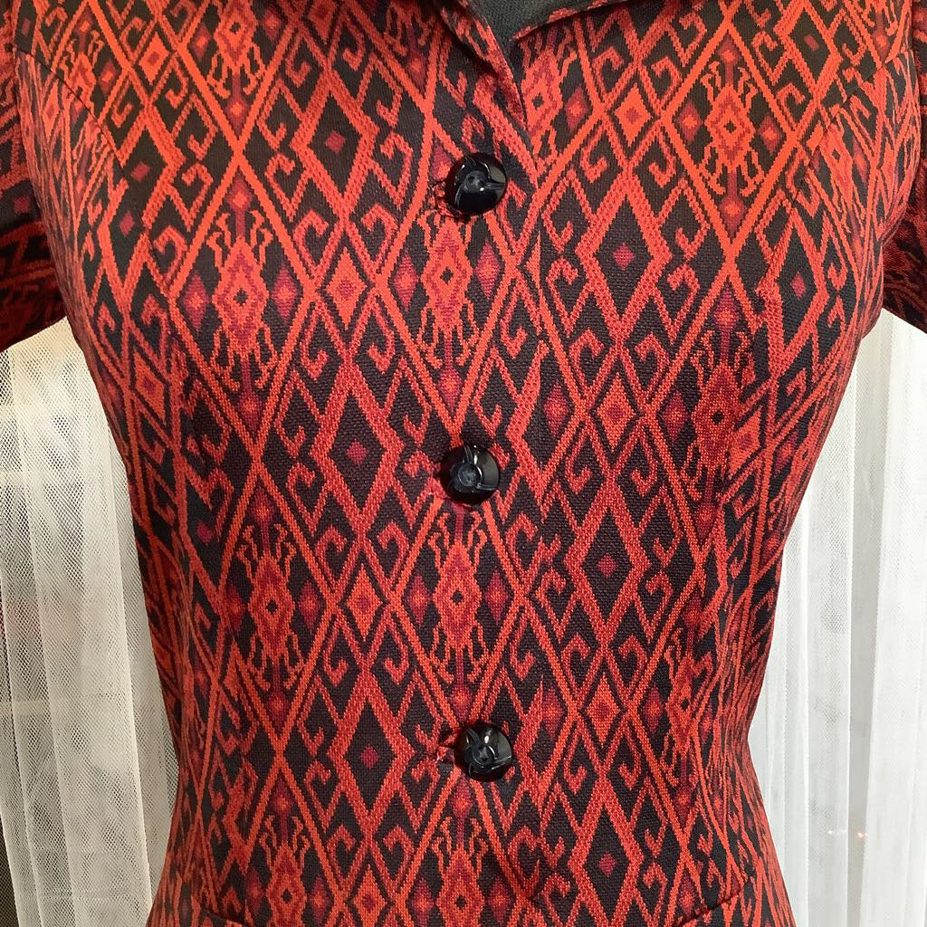 1960s Red and Black Diamond Print Dress