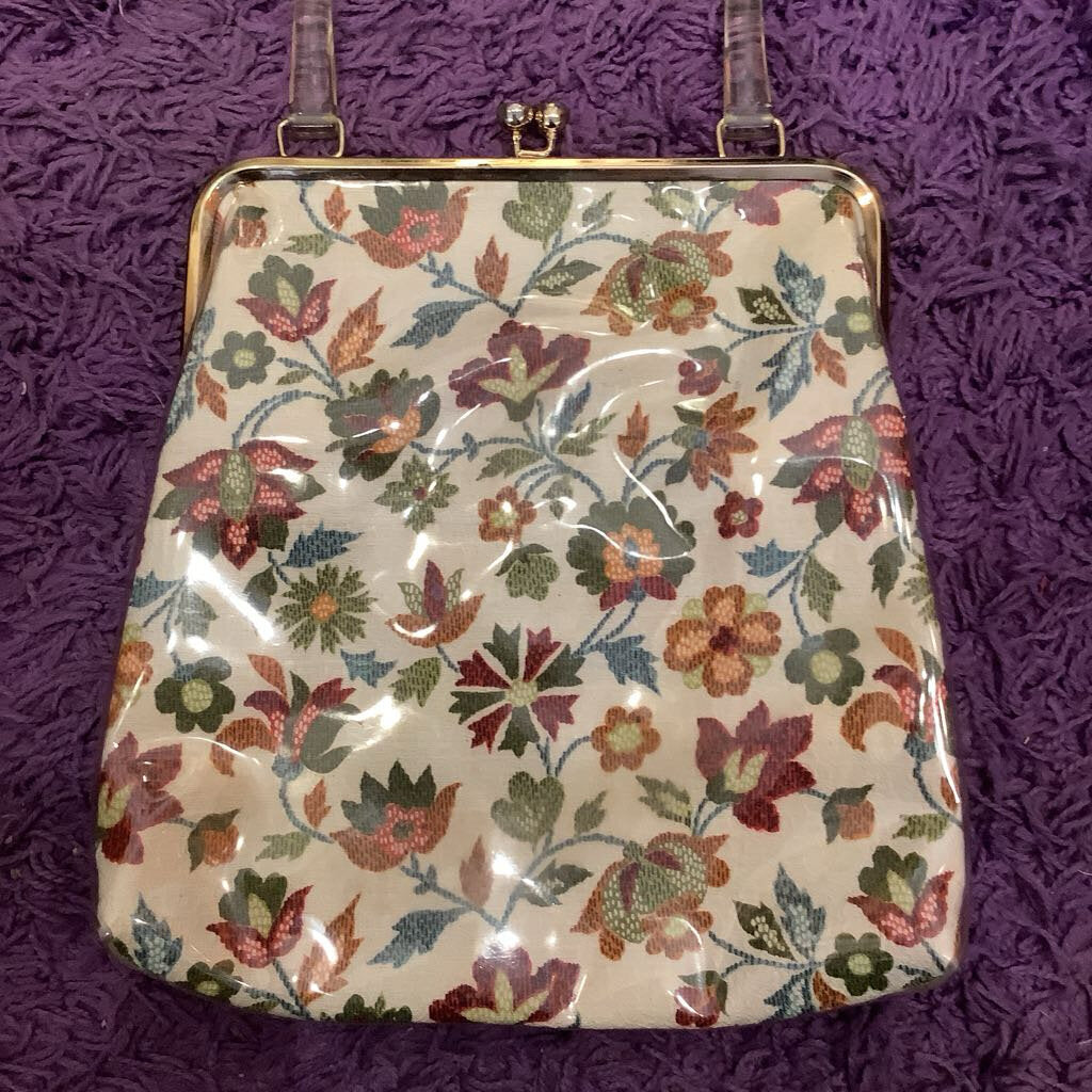 Vintage Plastic Covered Floral Handbag w/ Lucite Handle