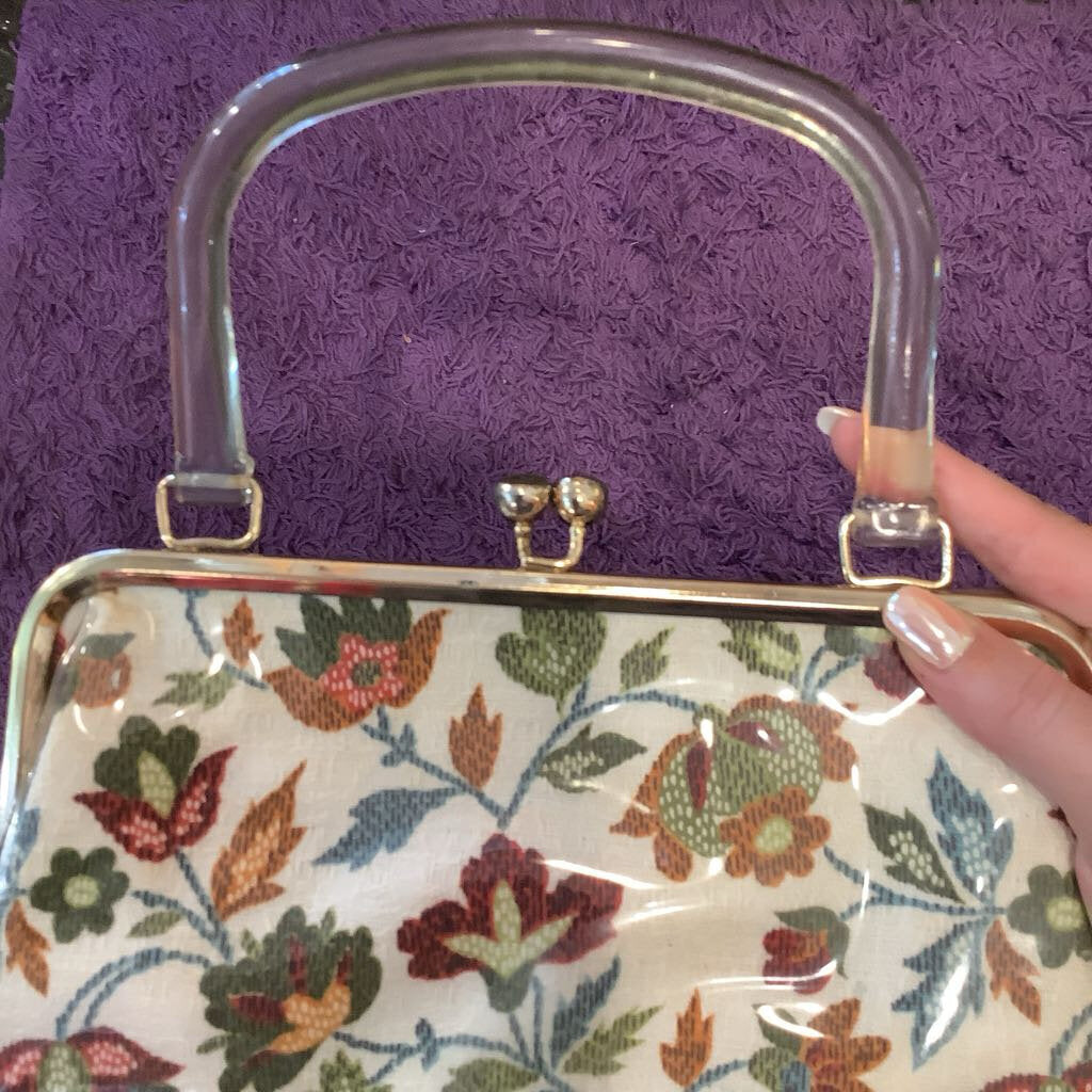 Vintage Plastic Covered Floral Handbag w/ Lucite Handle