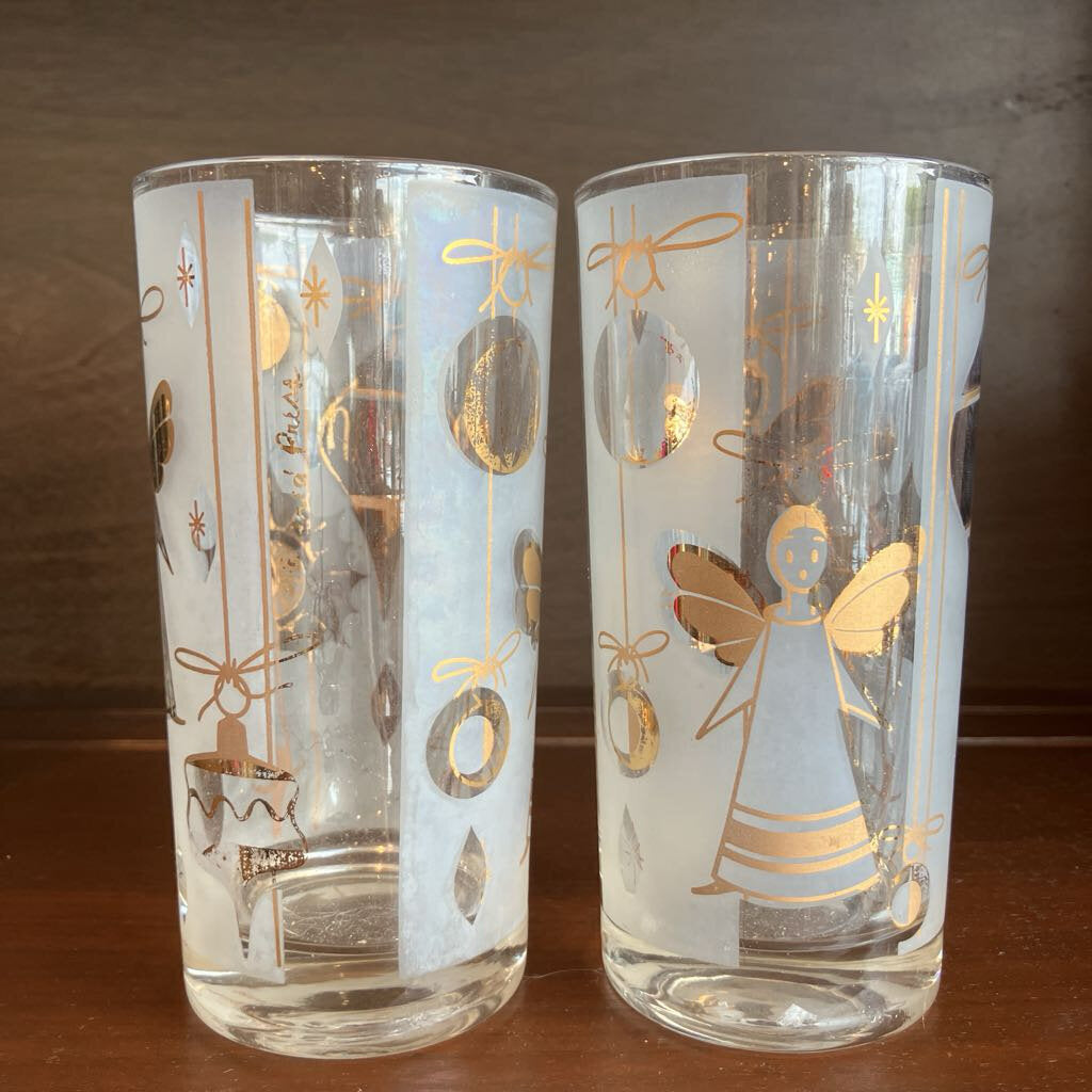 Rare Vintage Christmas Set of 6 Signed Fred Press Highball Glasses