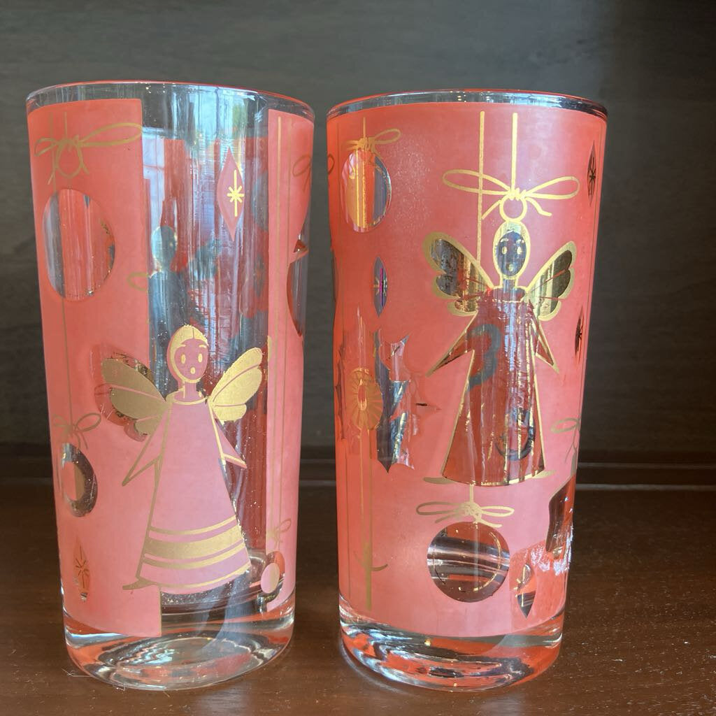 Rare Vintage Christmas Set of 6 Signed Fred Press Highball Glasses