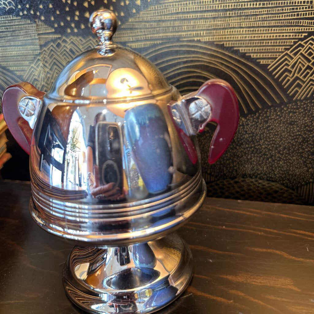 MCM Chrome Lidded Sugar Bowl with Bakelite Handles