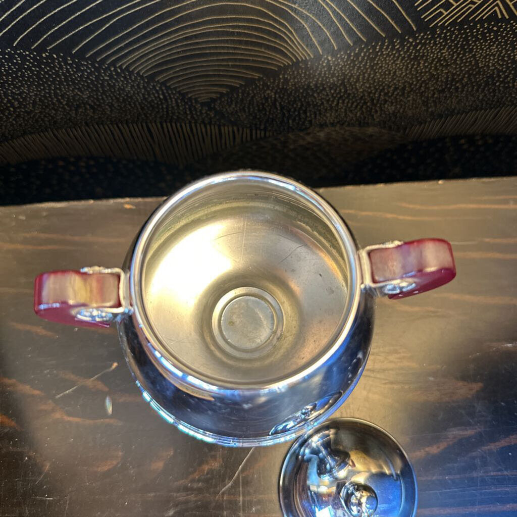 MCM Chrome Lidded Sugar Bowl with Bakelite Handles