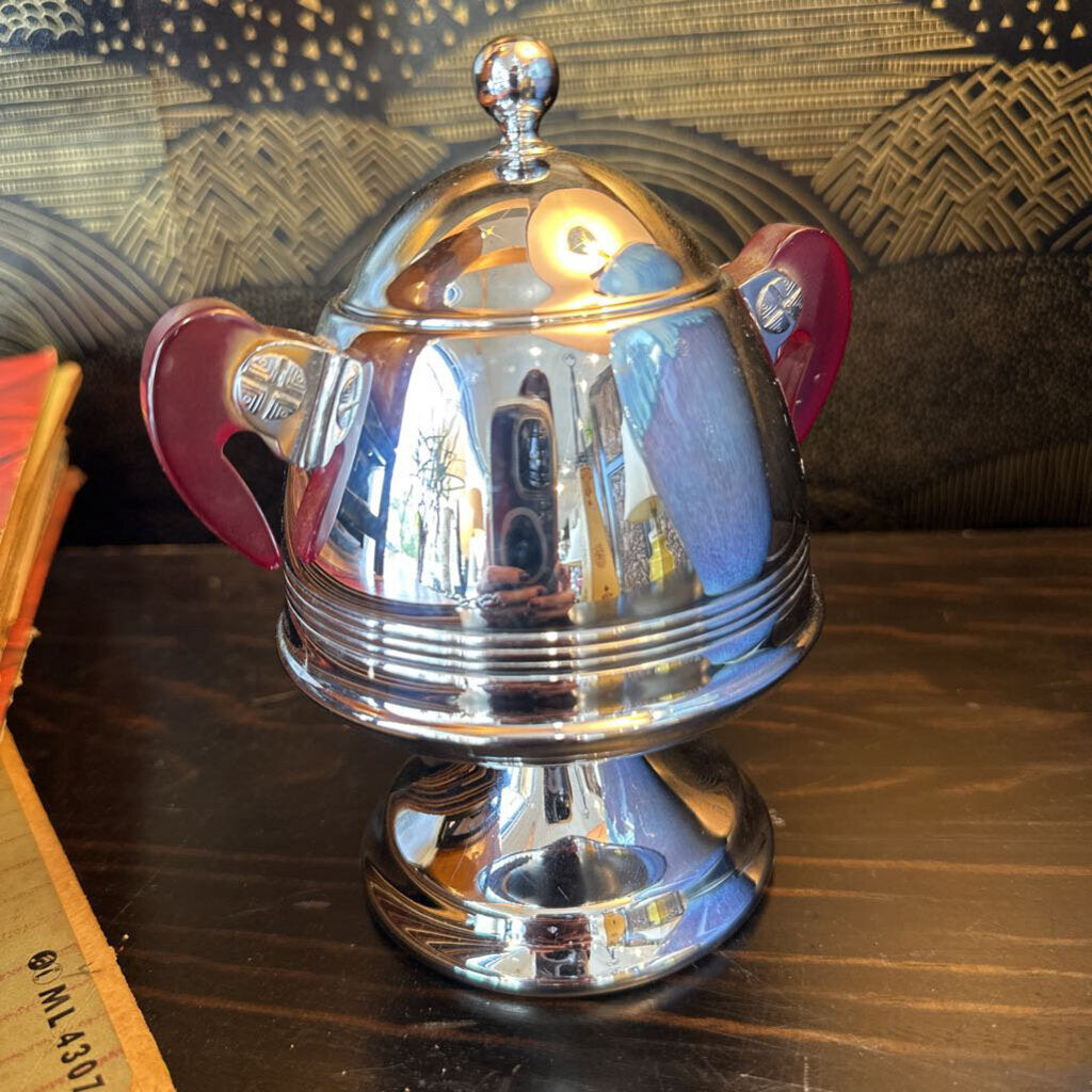 MCM Chrome Lidded Sugar Bowl with Bakelite Handles