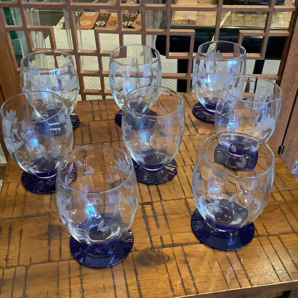 Vintage Etched Cobalt Footed Glasses - Set of 8