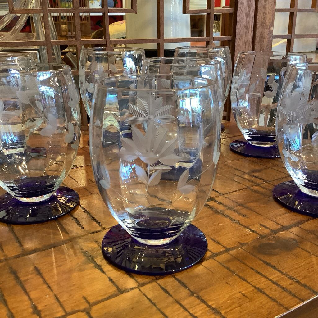 Vintage Etched Cobalt Footed Glasses - Set of 8