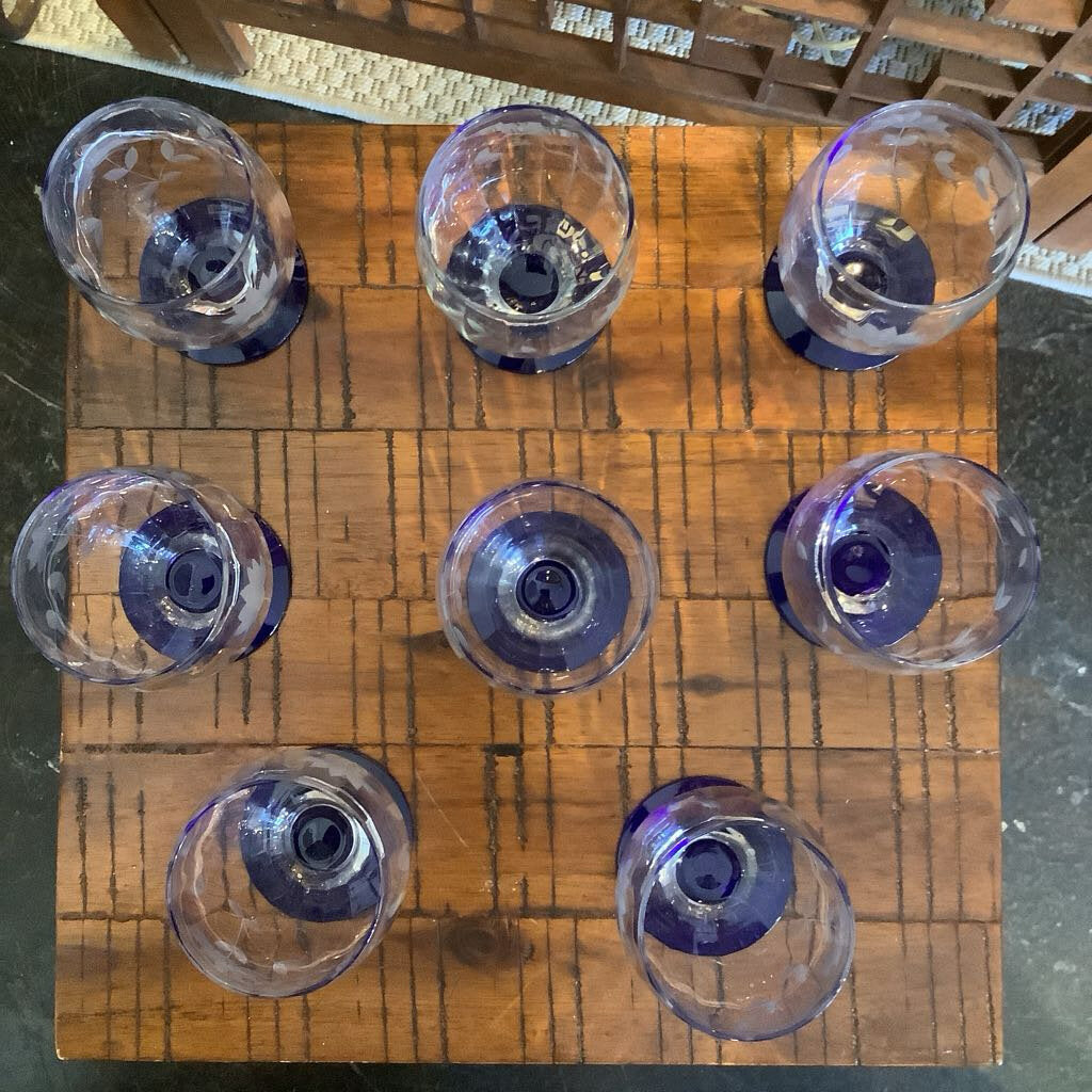 Vintage Etched Cobalt Footed Glasses - Set of 8