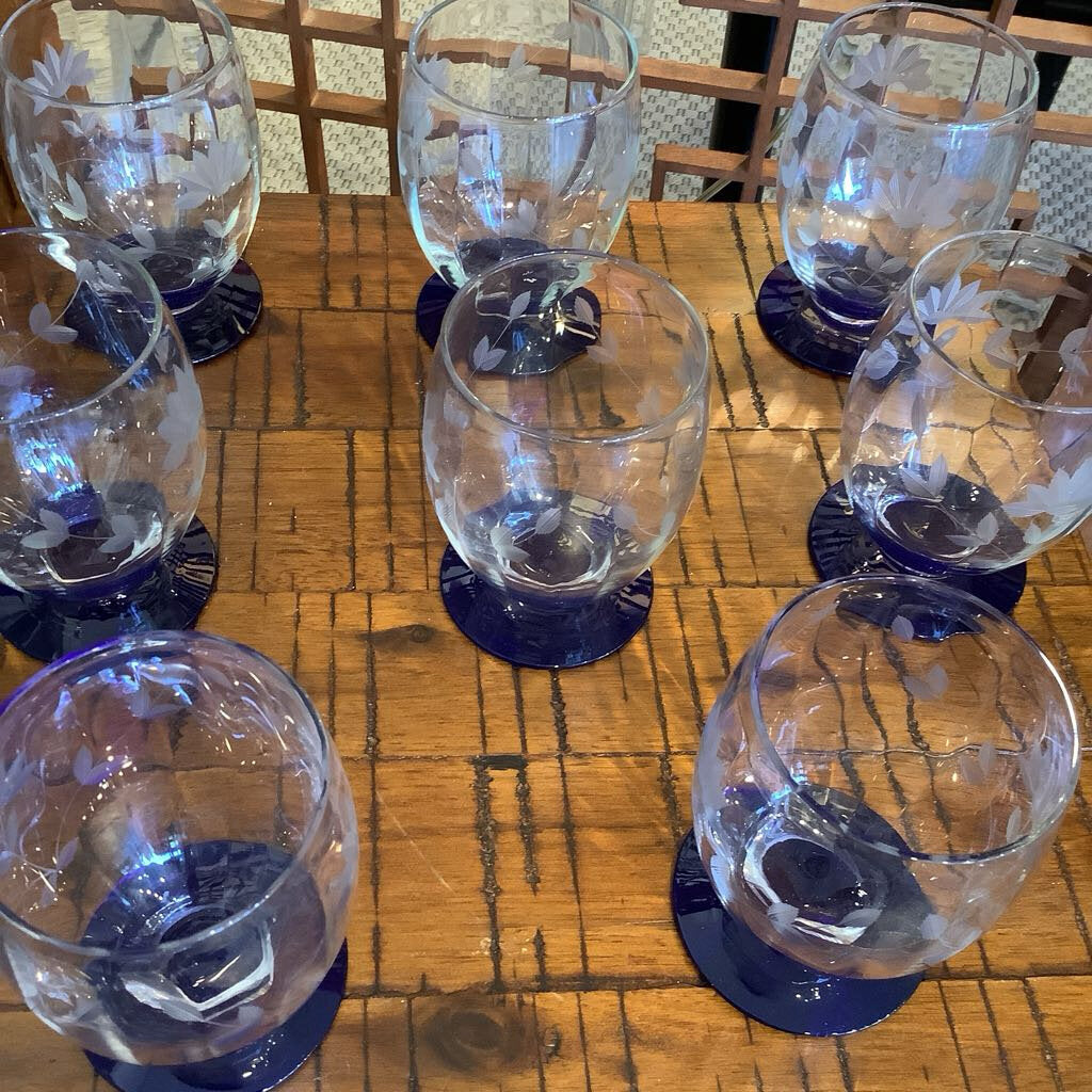 Vintage Etched Cobalt Footed Glasses - Set of 8