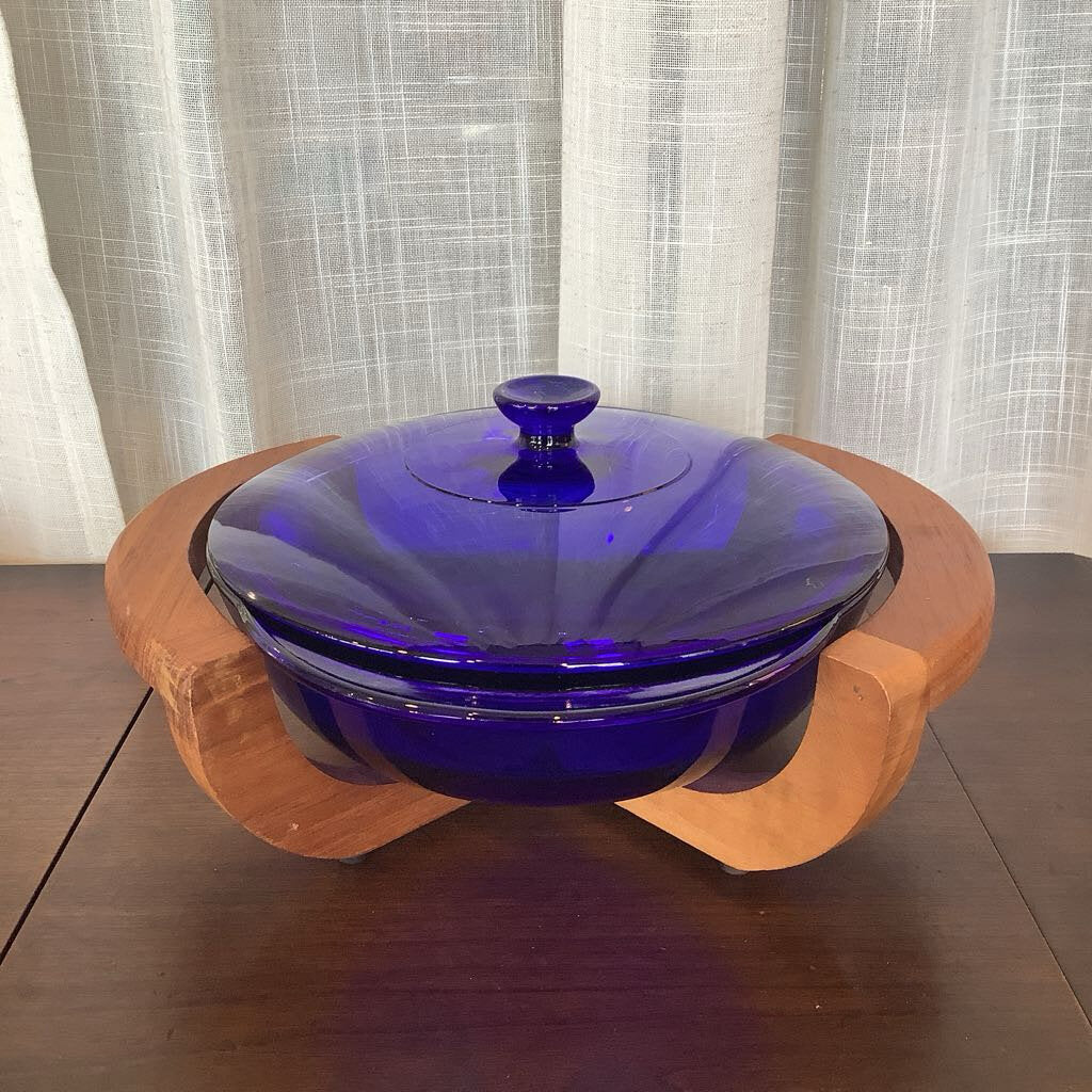 Anchor Hocking Cobalt Vegetable Bowl with Lid and Teak Stand