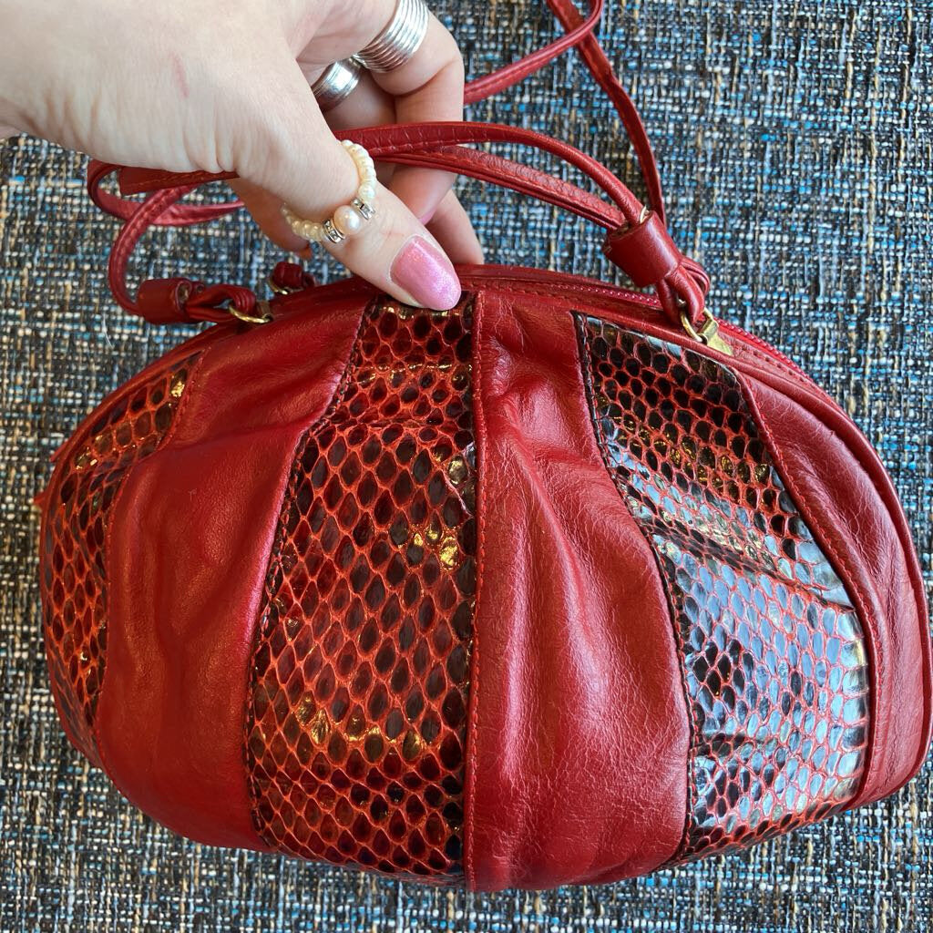 Oxblood Leather & Snakeskin Crossbody Handbag