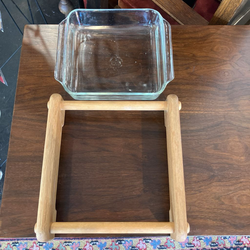 Anchor Hocking Casserole Dish & Handmade Wooden Holder