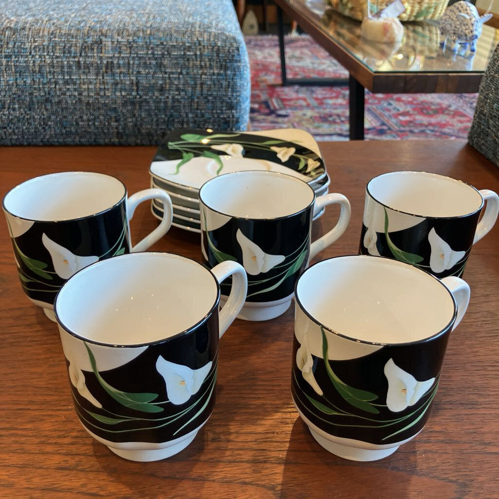 1980's Set of 5 Sango Black Lilies Cups & Saucers