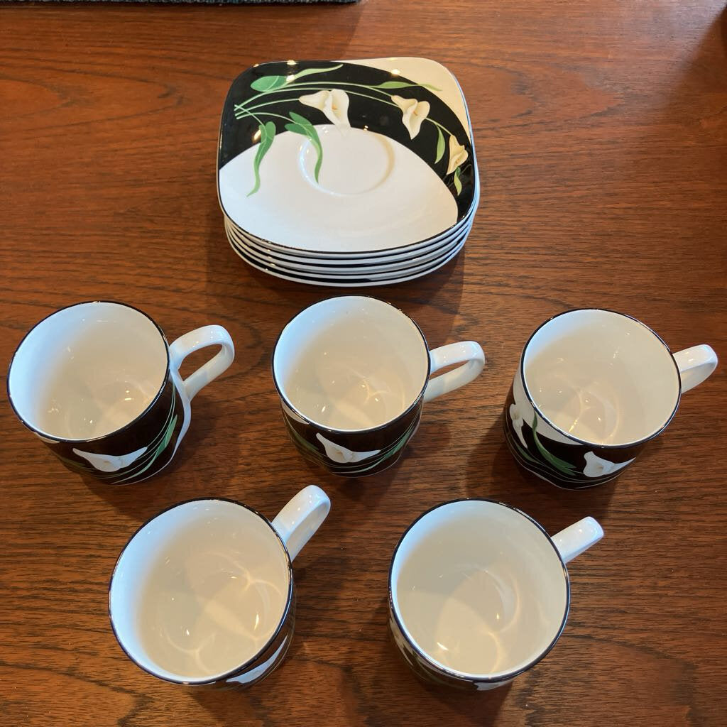 1980's Set of 5 Sango Black Lilies Cups & Saucers