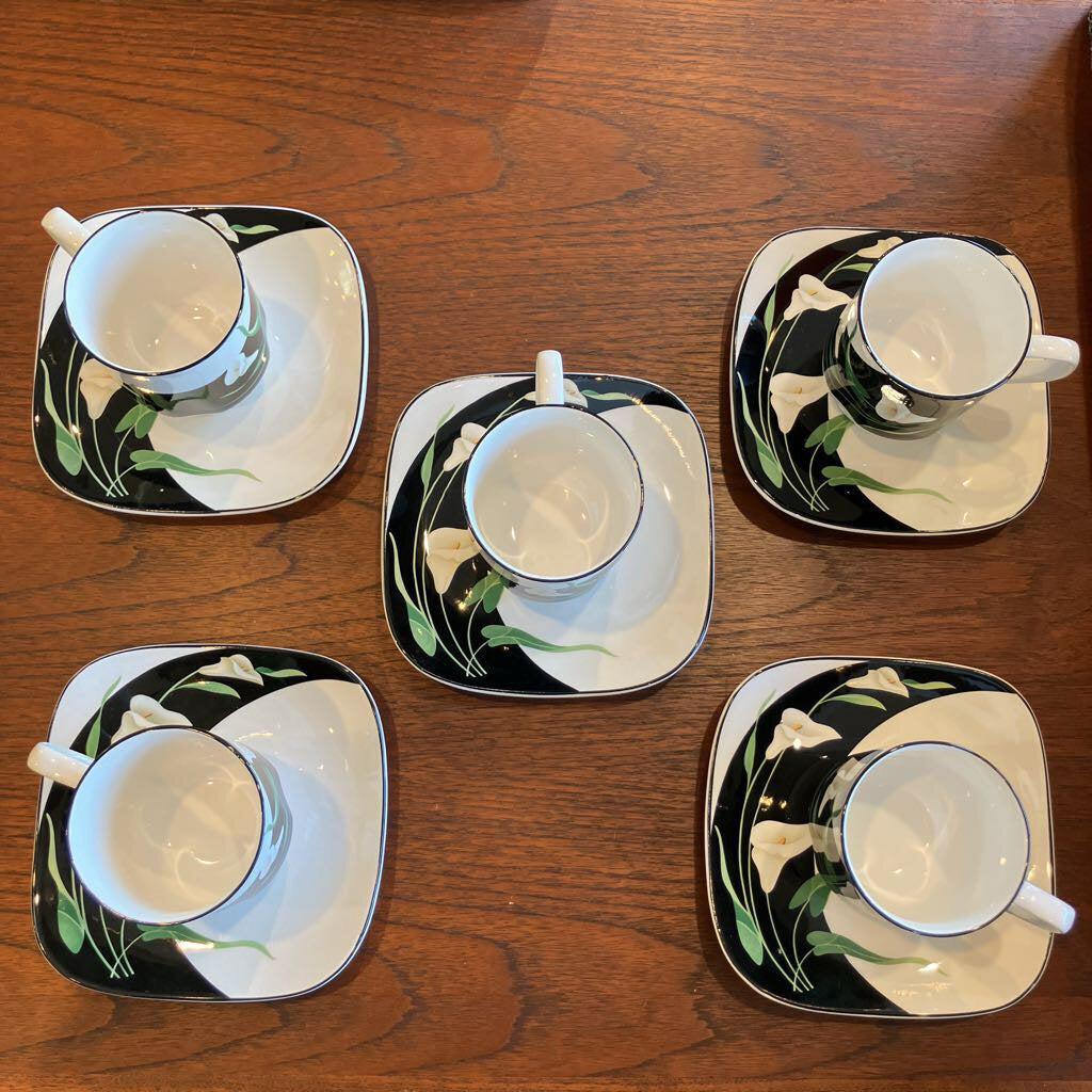 1980's Set of 5 Sango Black Lilies Cups & Saucers