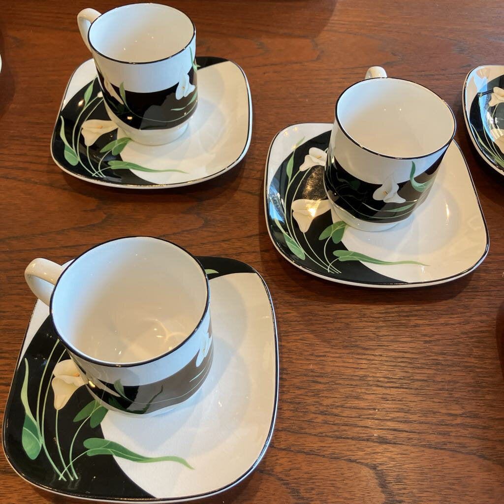 1980's Set of 5 Sango Black Lilies Cups & Saucers