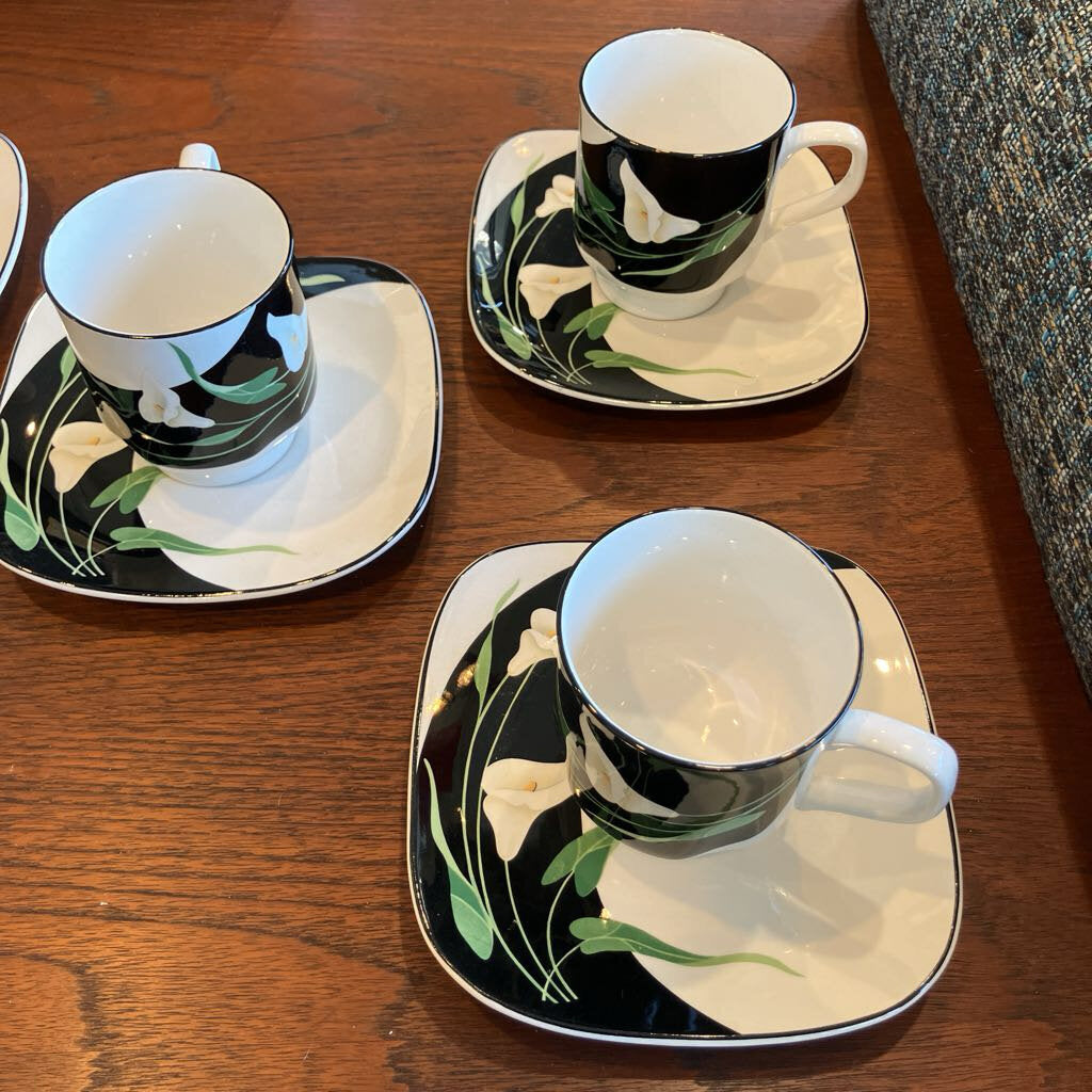 1980's Set of 5 Sango Black Lilies Cups & Saucers