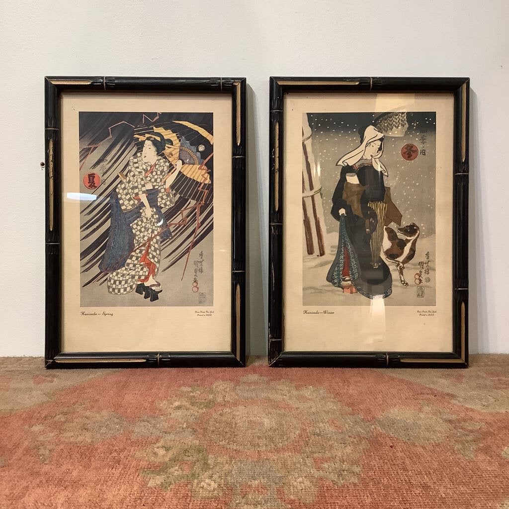 Vintage Asian Winter & Spring Prints in Black Faux Bamboo Frames