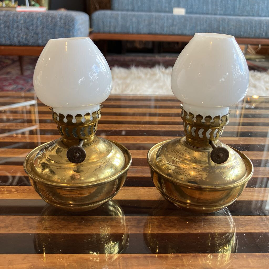 Antique Brass Kerosene Lamps w/ White Milk Glass Pair