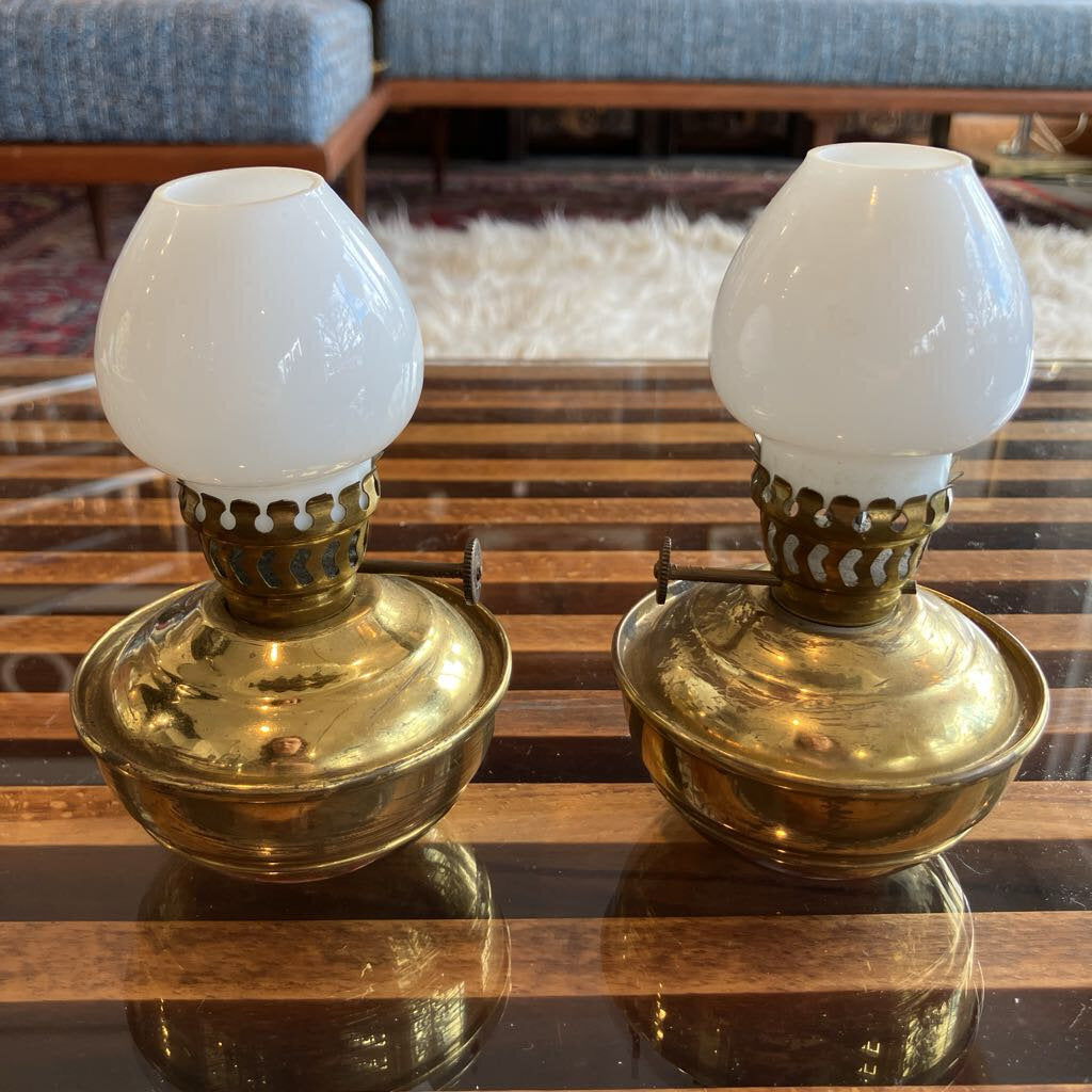 Antique Brass Kerosene Lamps w/ White Milk Glass Pair