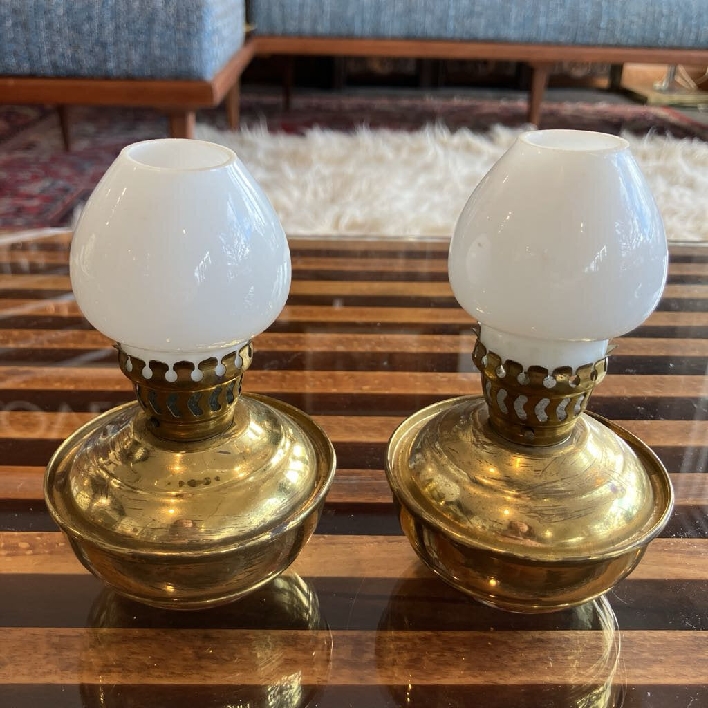 Antique Brass Kerosene Lamps w/ White Milk Glass Pair