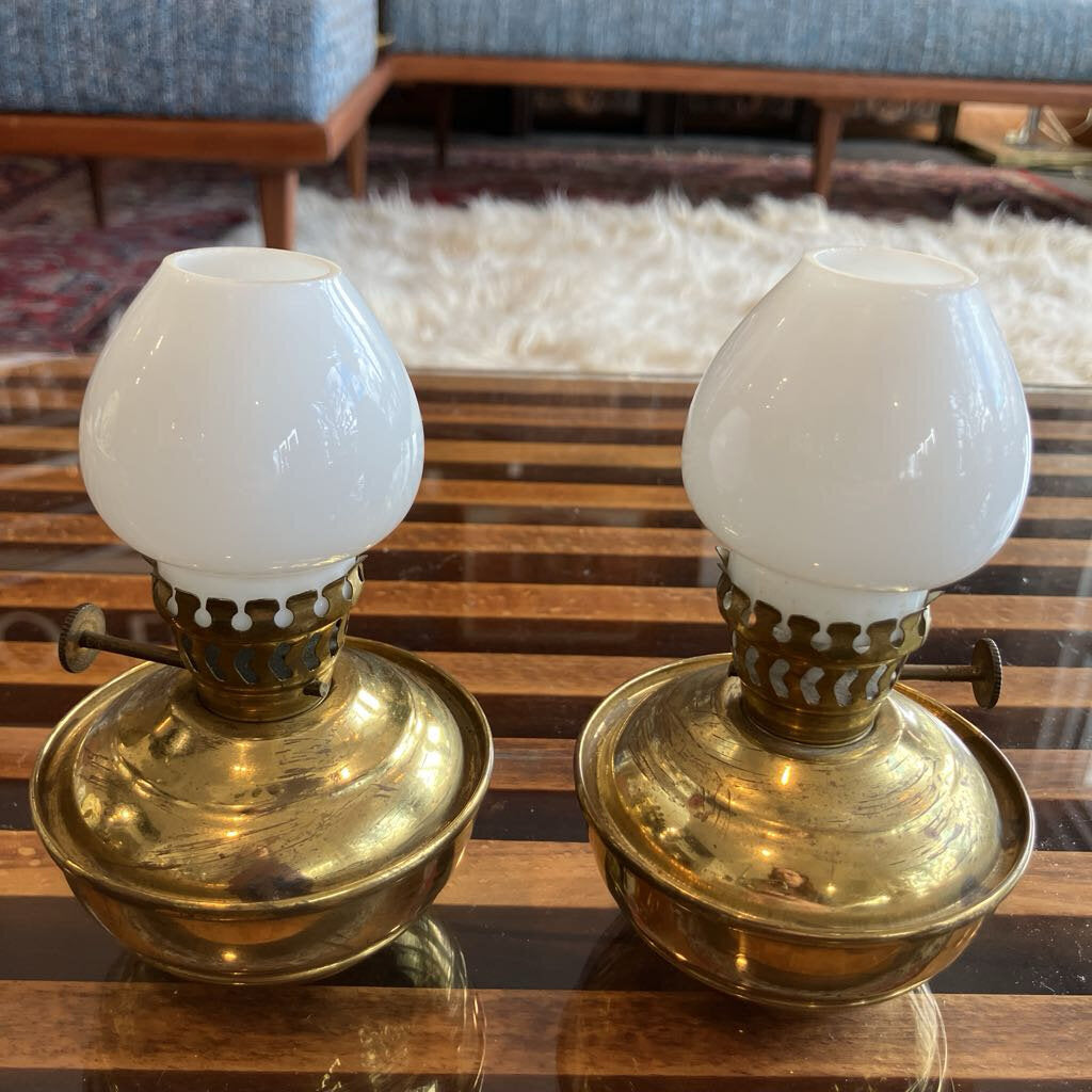 Antique Brass Kerosene Lamps w/ White Milk Glass Pair