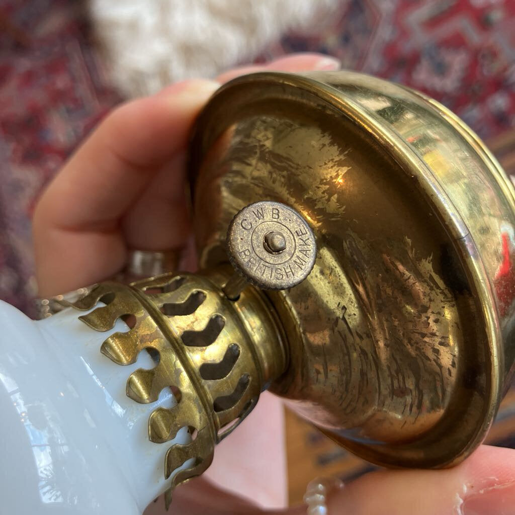 Antique Brass Kerosene Lamps w/ White Milk Glass Pair