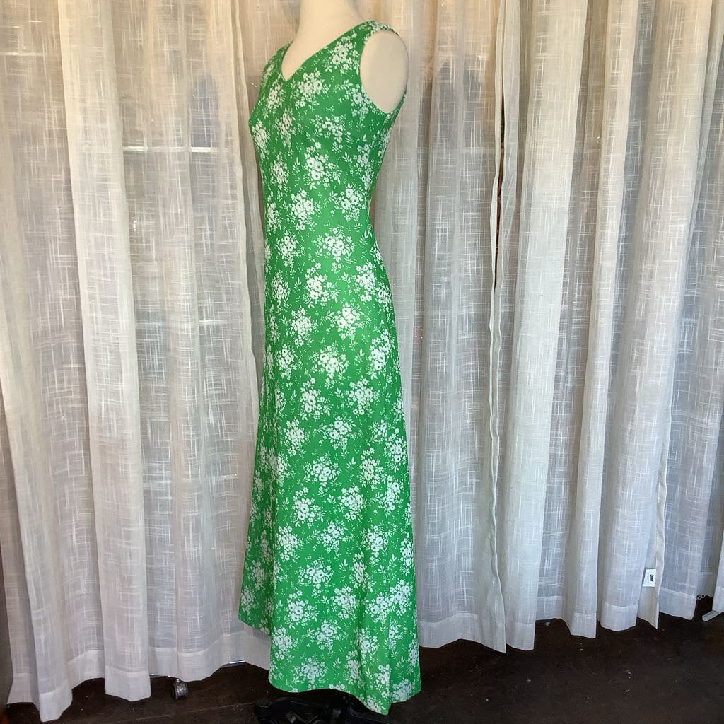 1970s Green and White Floral Maxi