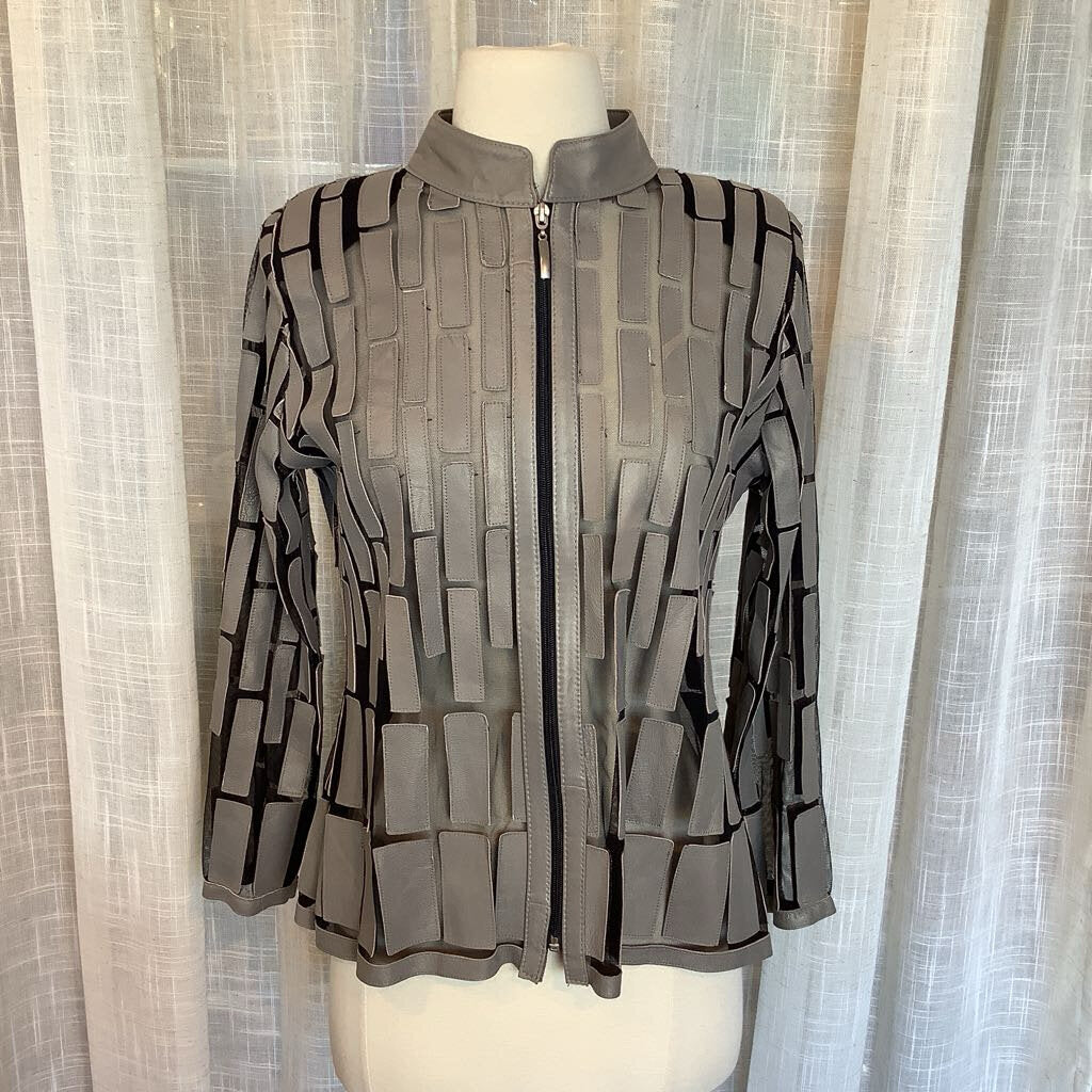 Geo Pattern Leather and Mesh Blazer Top