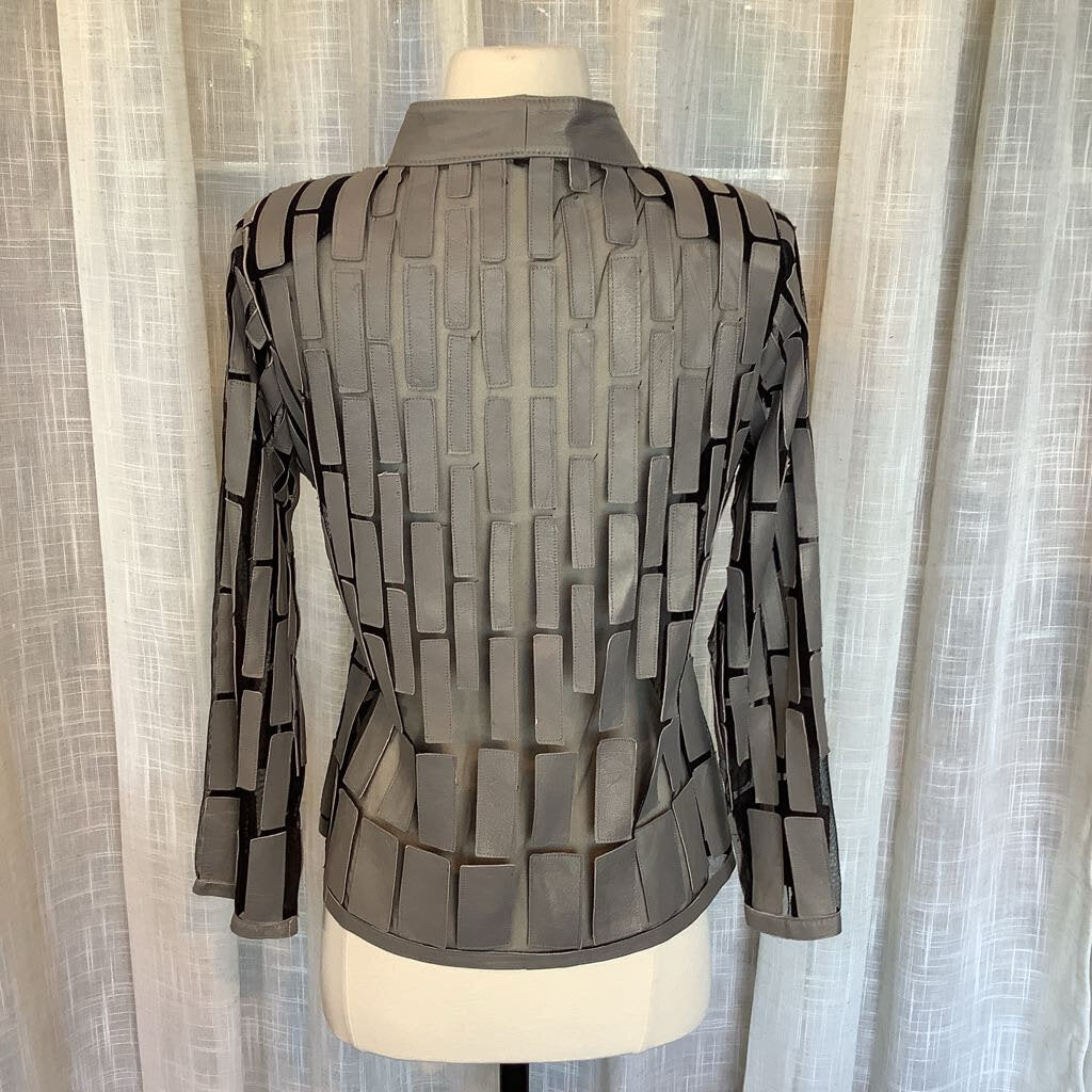 Geo Pattern Leather and Mesh Blazer Top