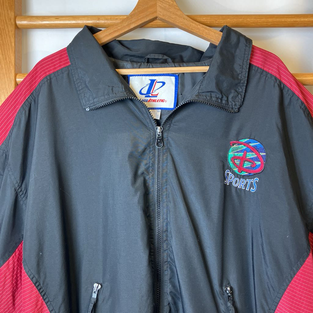 Black and red jacket with a logo on a wooden hanger