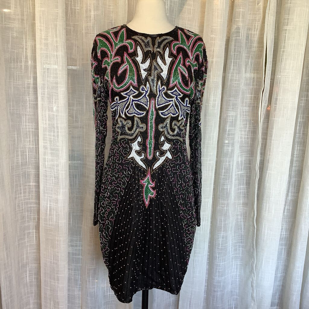 1980s Long Sleeve Beaded Cocktail Dress