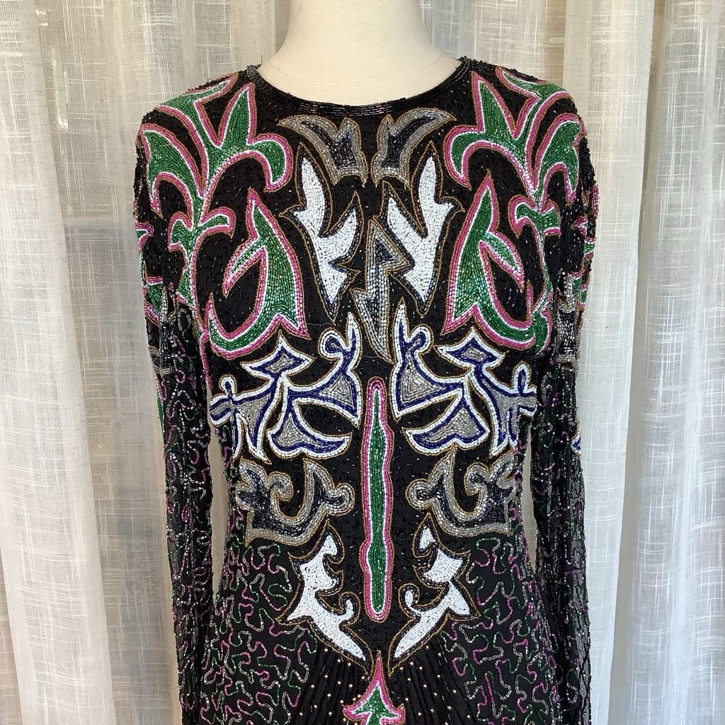 1980s Long Sleeve Beaded Cocktail Dress