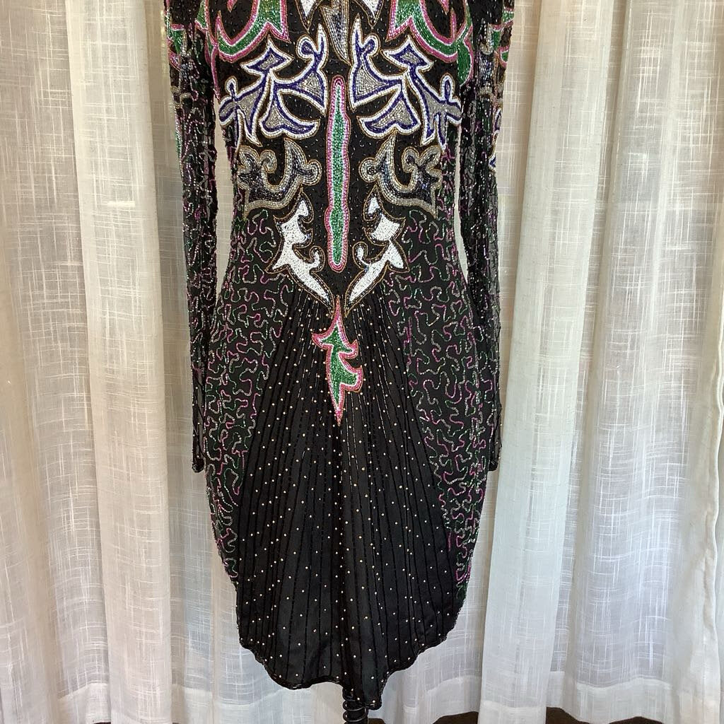 1980s Long Sleeve Beaded Cocktail Dress