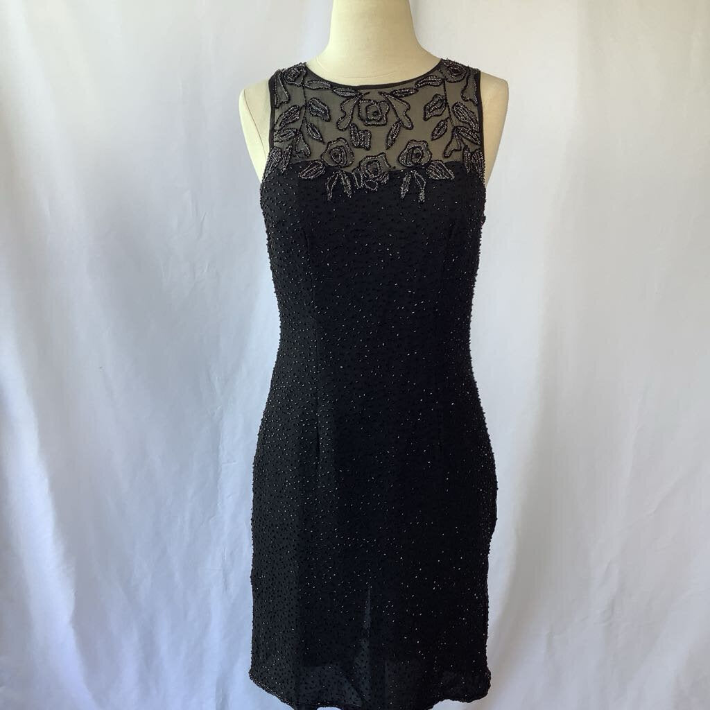 1990s Sleeveless Beaded Evening Dress w/ Embroidered & Sheer Bodice