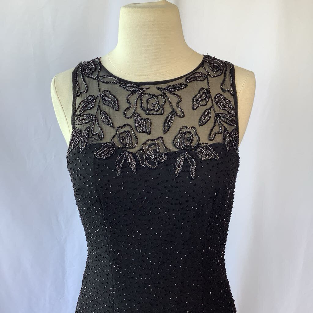 1990s Sleeveless Beaded Evening Dress w/ Embroidered & Sheer Bodice